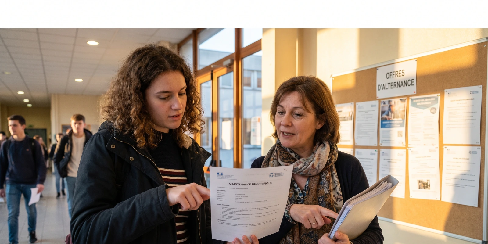 Alternance en BTS FED : tout ce qu’il faut savoir Une étudiante et une femme examinent une offre de maintenance frigorifique devant un panneau d'offres d'alternance