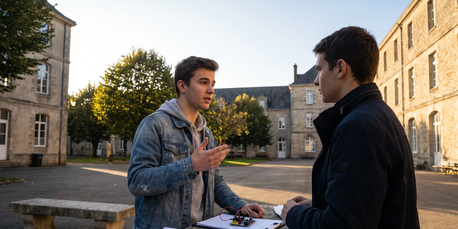 BTS FED : lettre de motivation Parcoursup, stage ou alternance Deux jeunes discutent dans une cour de bâtiments en pierre, avec un petit circuit électronique posé sur une table.