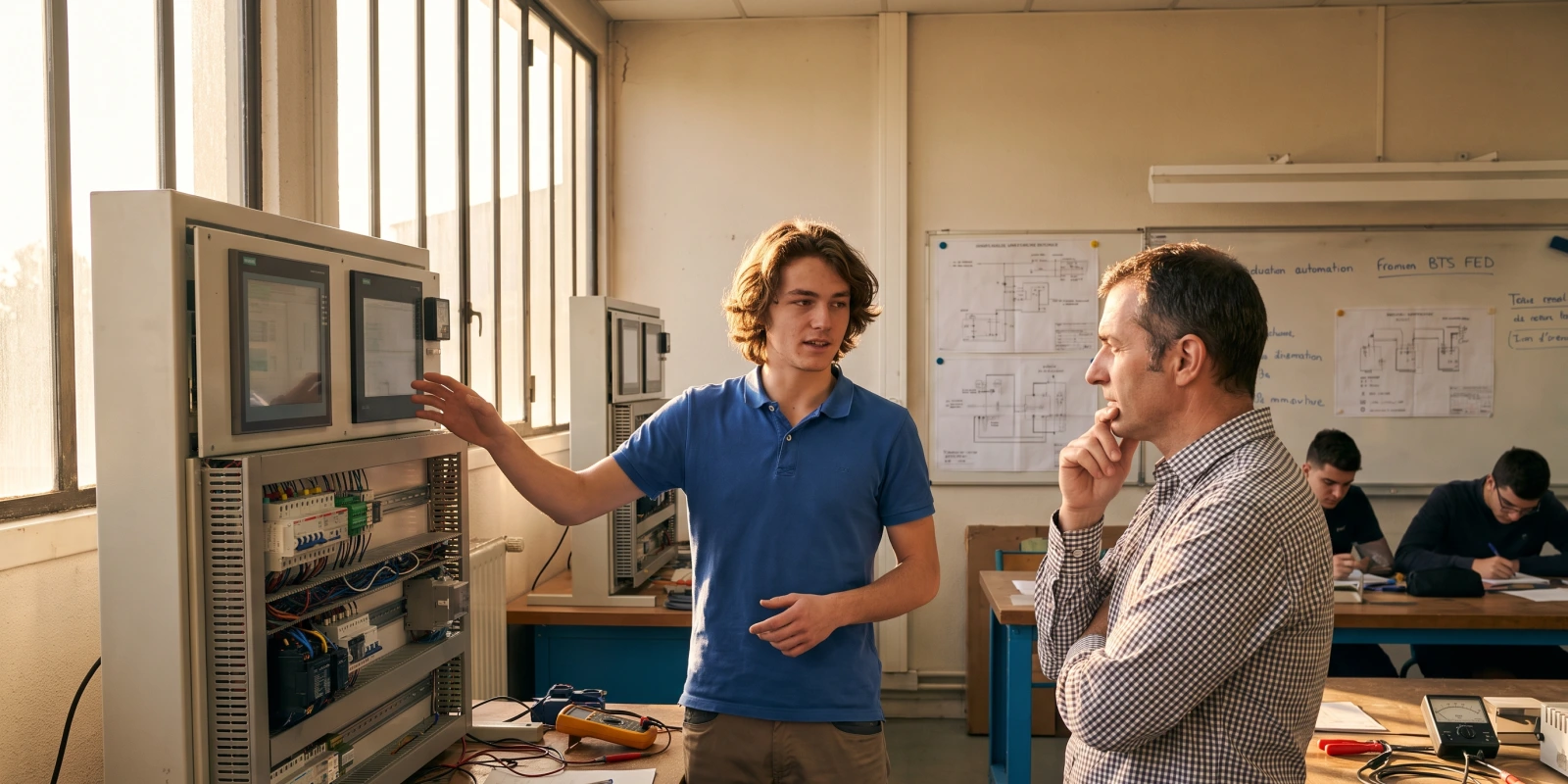Le CV en BTS FED : méthodologie et exemple Un étudiant présente une armoire électrique à un enseignant dans un atelier technique