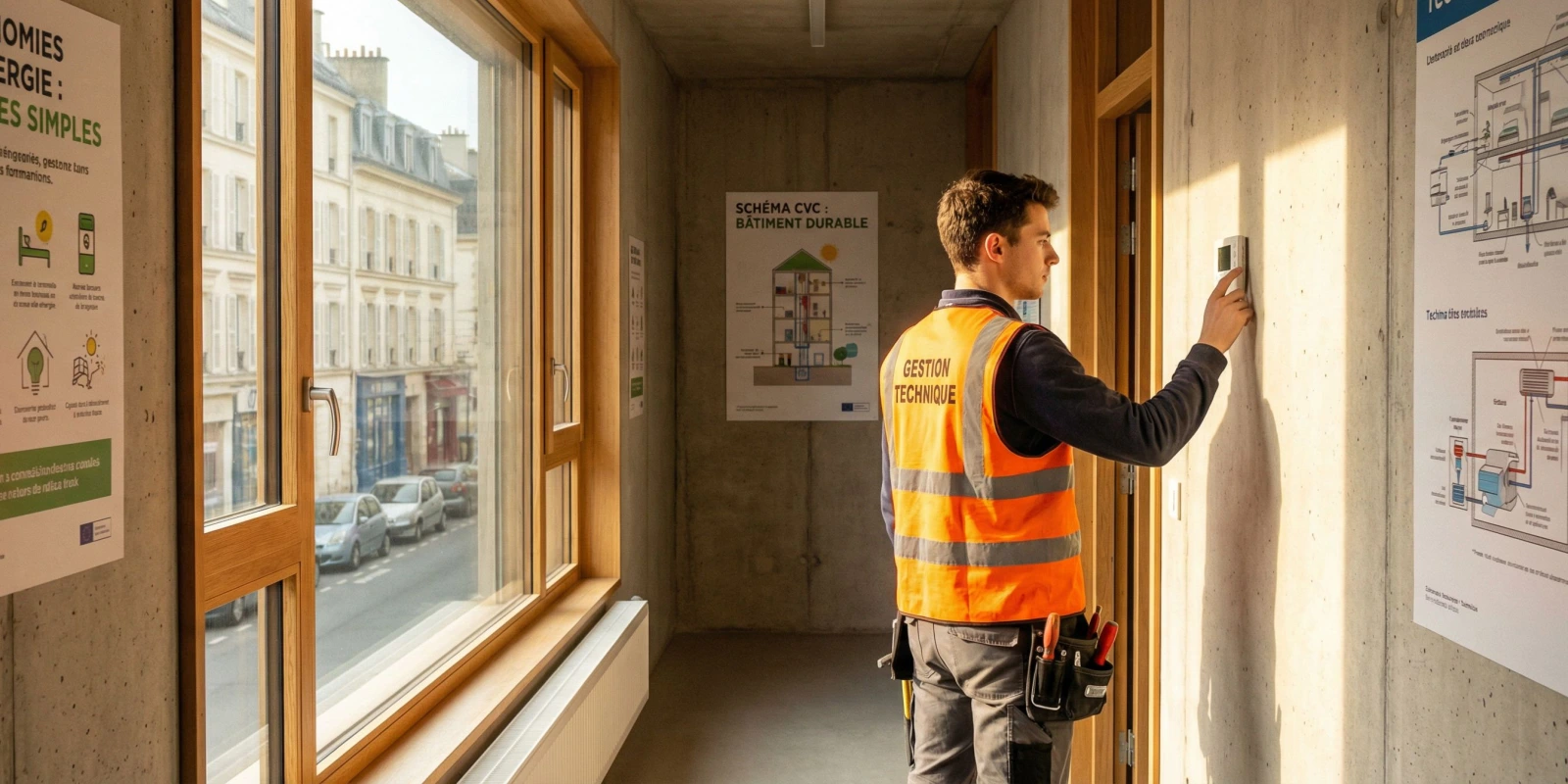 Métiers et Débouchés après un BTS FED : le Guide Complet Technicien BTS FED en intervention sur une installation de génie climatique dans un bâtiment moderne